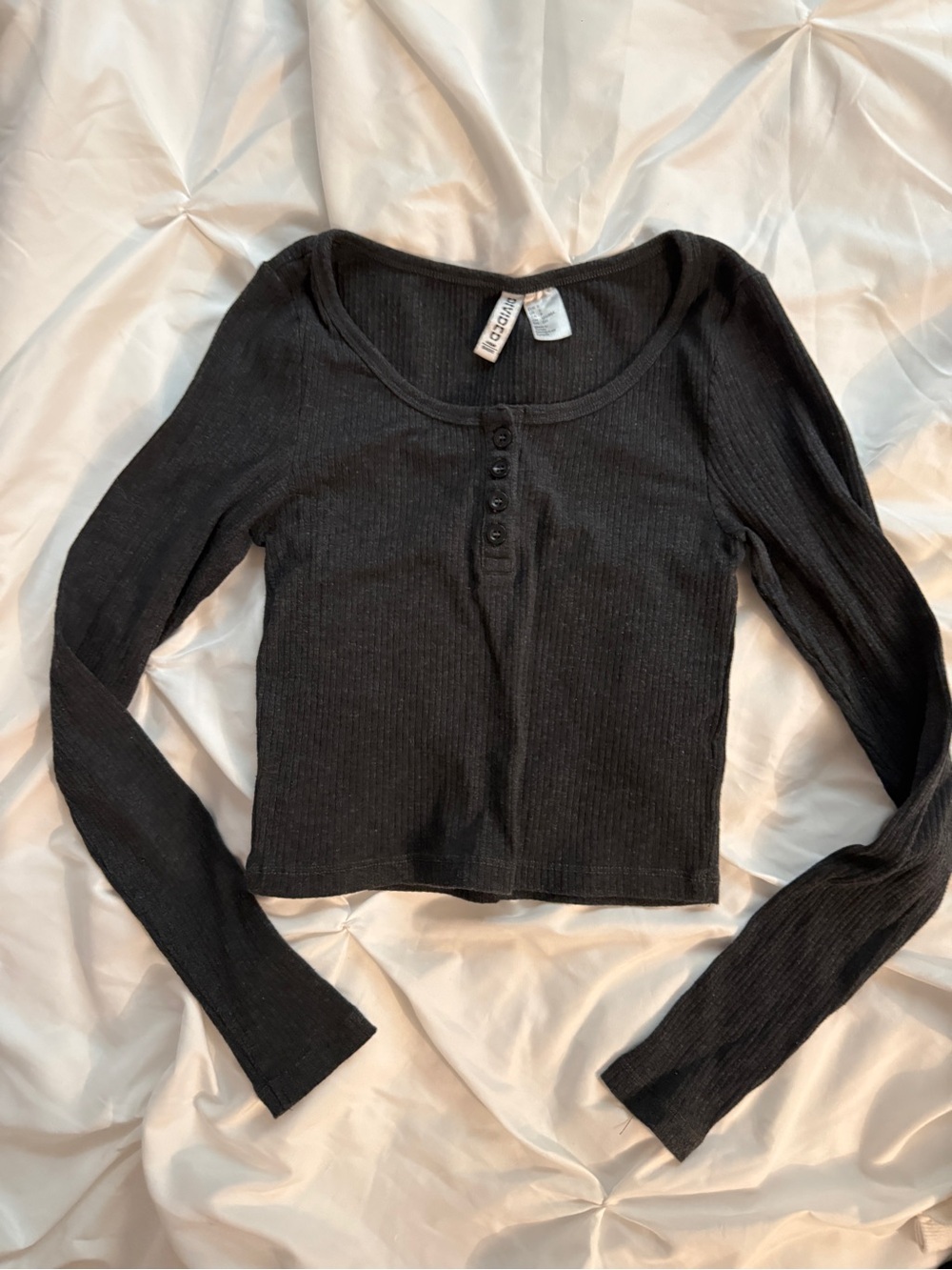 H&M Black dark grey Ribbed Long Sleeve Scoop Neck Top with Button Front